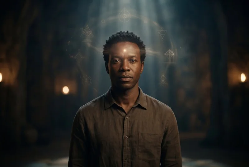 A man with a point of light on his forehead, surrounded by sacred symbols
